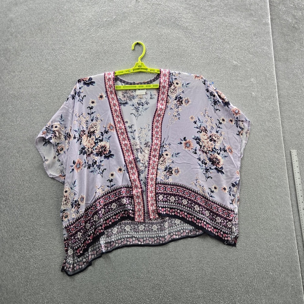 Knox Rose Women Blouse M/L Lavender Floral Kimono Cardigan Button V-Neck READ